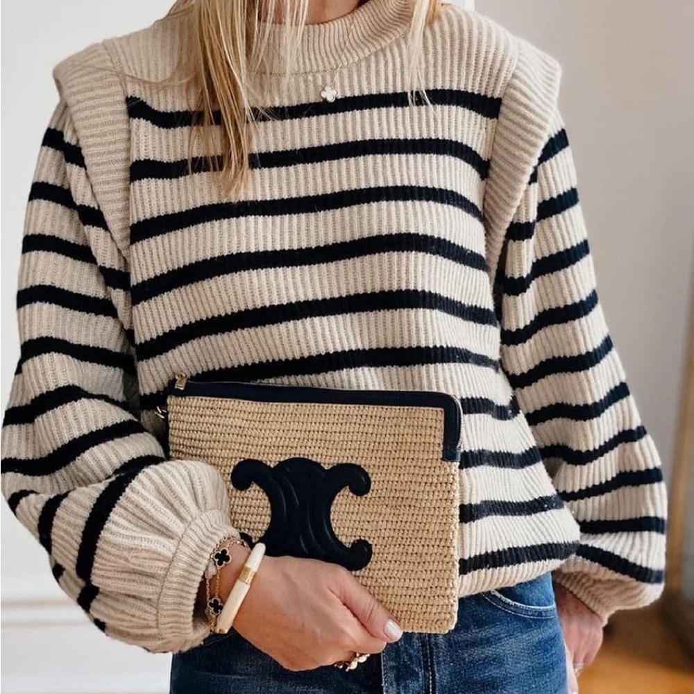Long Lantern Sleeve Crewneck Ribbed Pullover Striped Sweater Pretty Garden XL